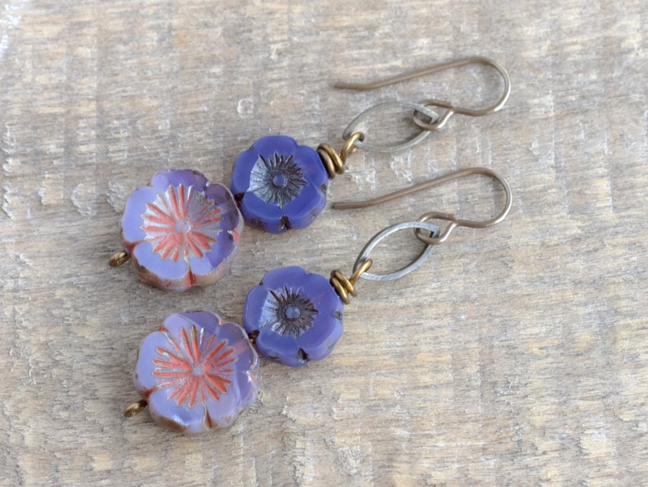 Handmade Purple Czech Glass Flower Earrings - Lavender Pansy, Bohemian Style Jewellery