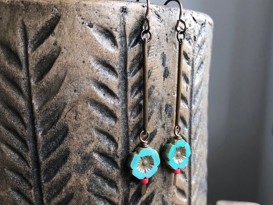 Aqua Turquoise Flower Earrings - Rustic Czech Glass, Long Bohemian Style, Hand Antiqued Brass, Lightweight and Colourful