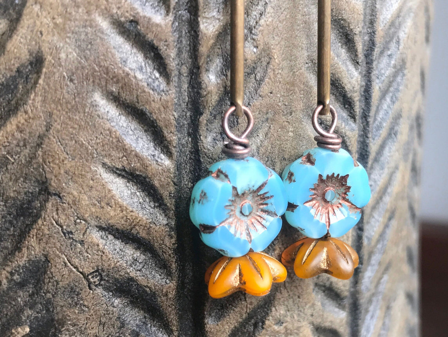 Simple Blue & Yellow Glass Flower Earrings. Boho Style Brass Dangle Earrings. Spring Floral Accessories