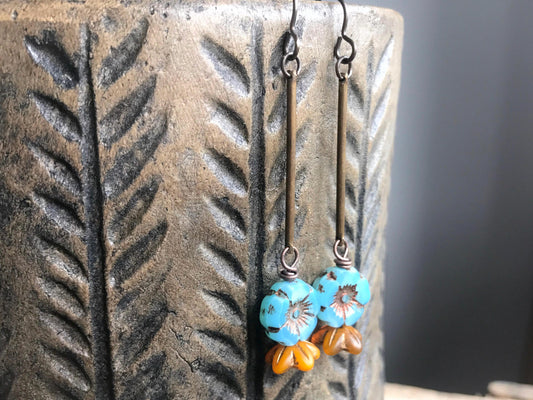 Simple Blue & Yellow Glass Flower Earrings. Boho Style Brass Dangle Earrings. Spring Floral Accessories