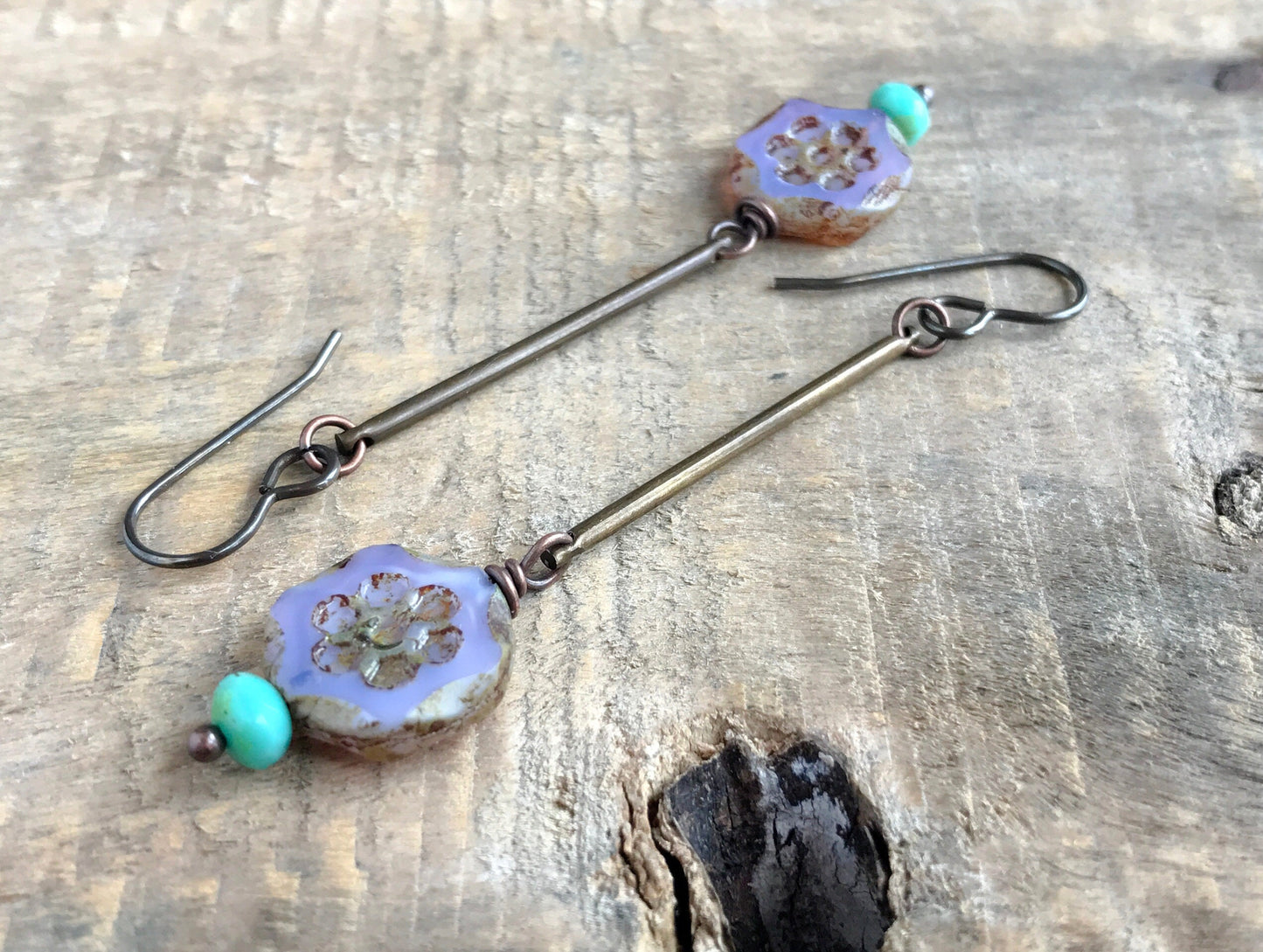 Czech Glass Daisy Bead Earrings - Purple, Aqua, Brass - Spring Boho Style