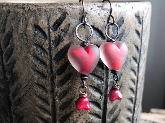 Red Lampwork Glass Heart Earrings – One of a Kind Handmade Jewellery. Unique Gift Idea