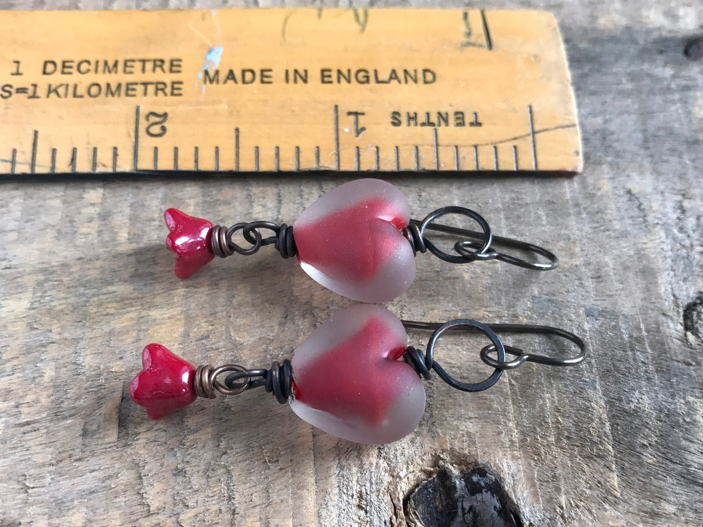 Red Lampwork Glass Heart Earrings – One of a Kind Handmade Jewellery. Unique Gift Idea