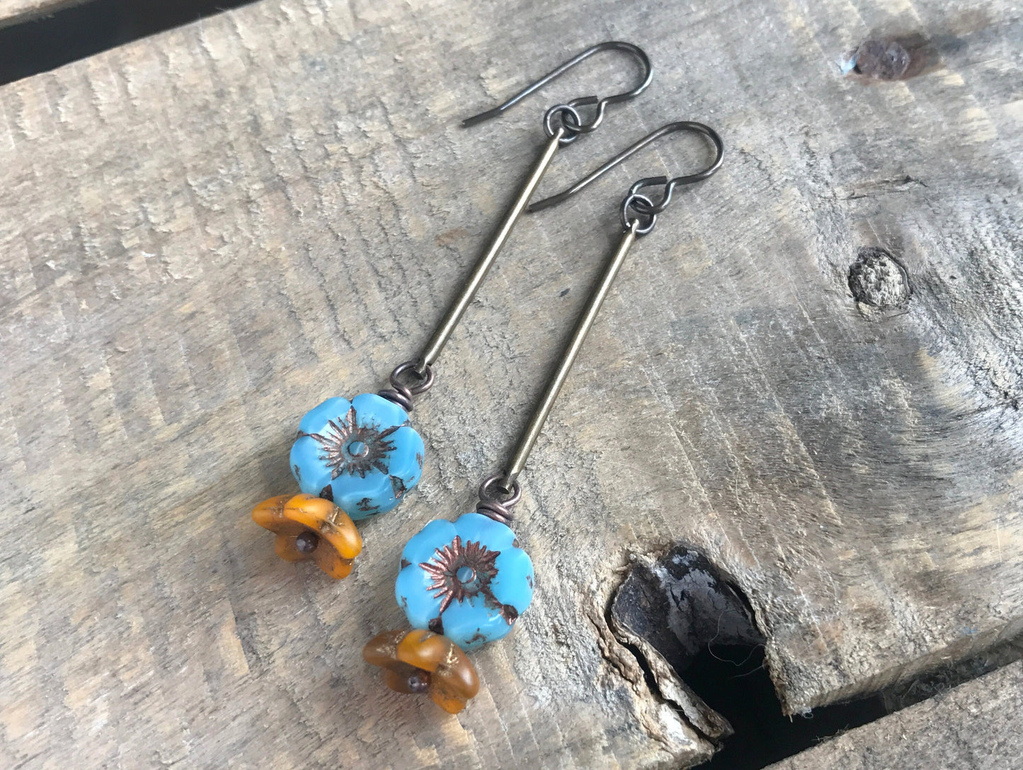 Simple Blue & Yellow Glass Flower Earrings. Boho Style Brass Dangle Earrings. Spring Floral Accessories