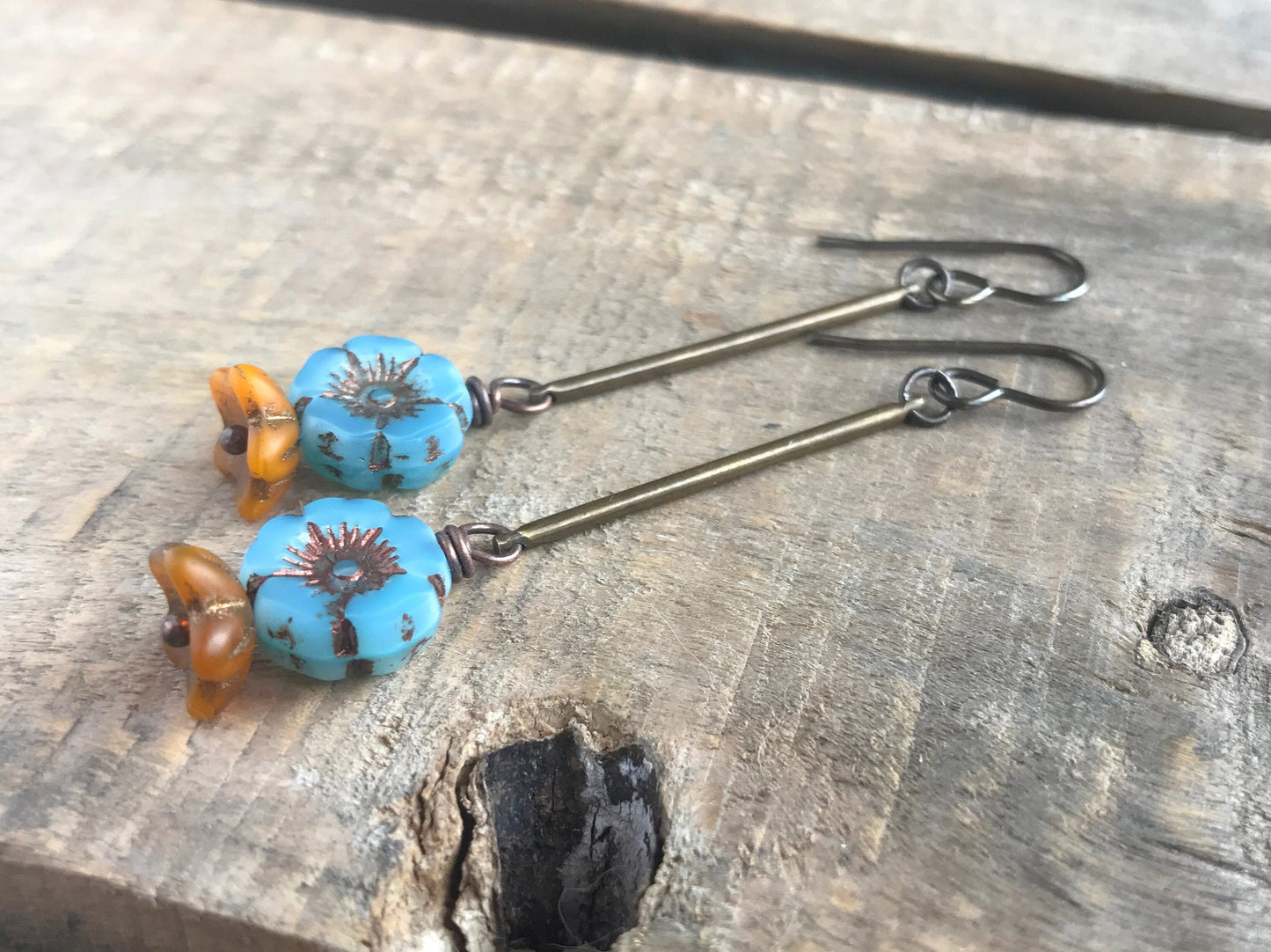 Simple Blue & Yellow Glass Flower Earrings. Boho Style Brass Dangle Earrings. Spring Floral Accessories