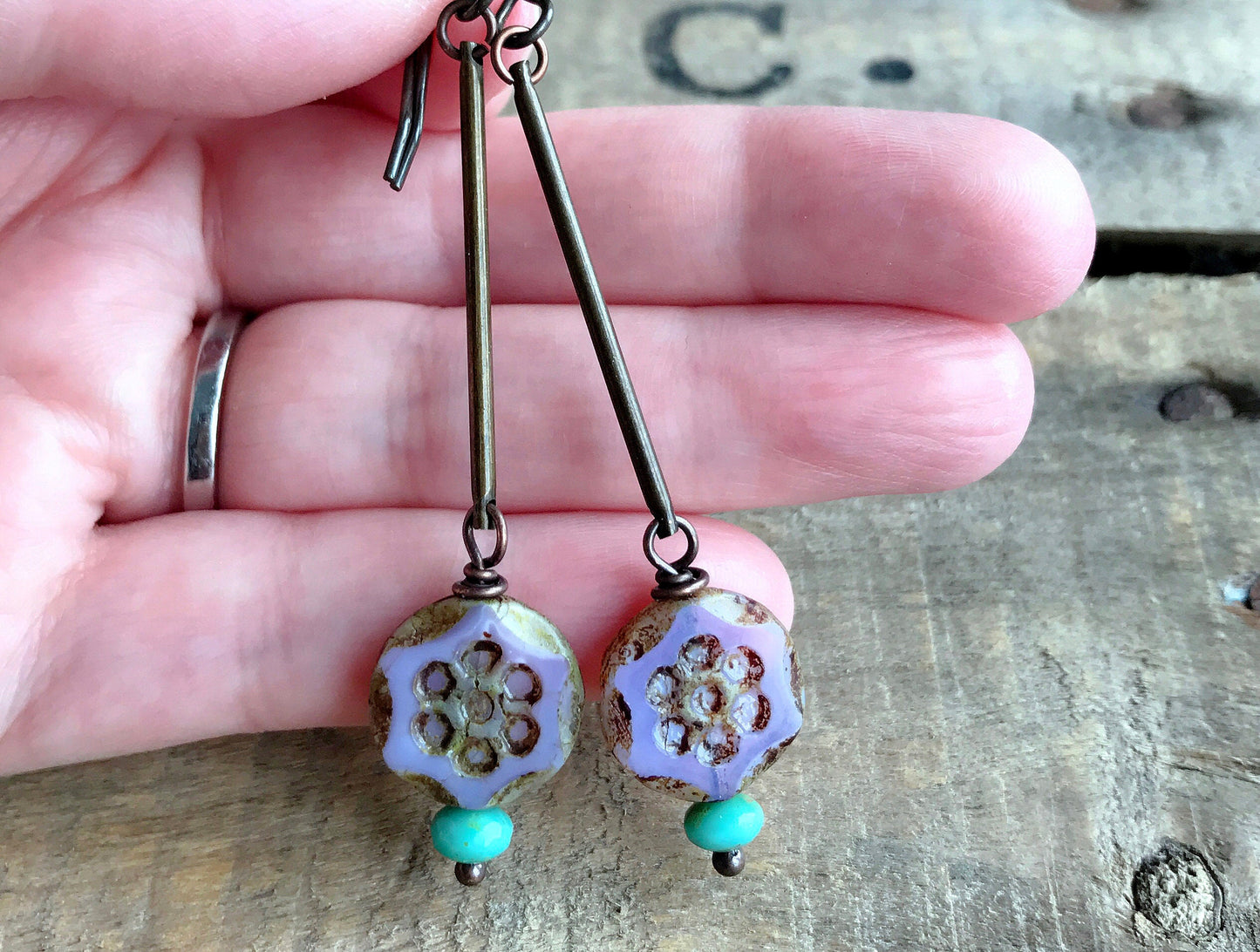 Czech Glass Daisy Bead Earrings - Purple, Aqua, Brass - Spring Boho Style