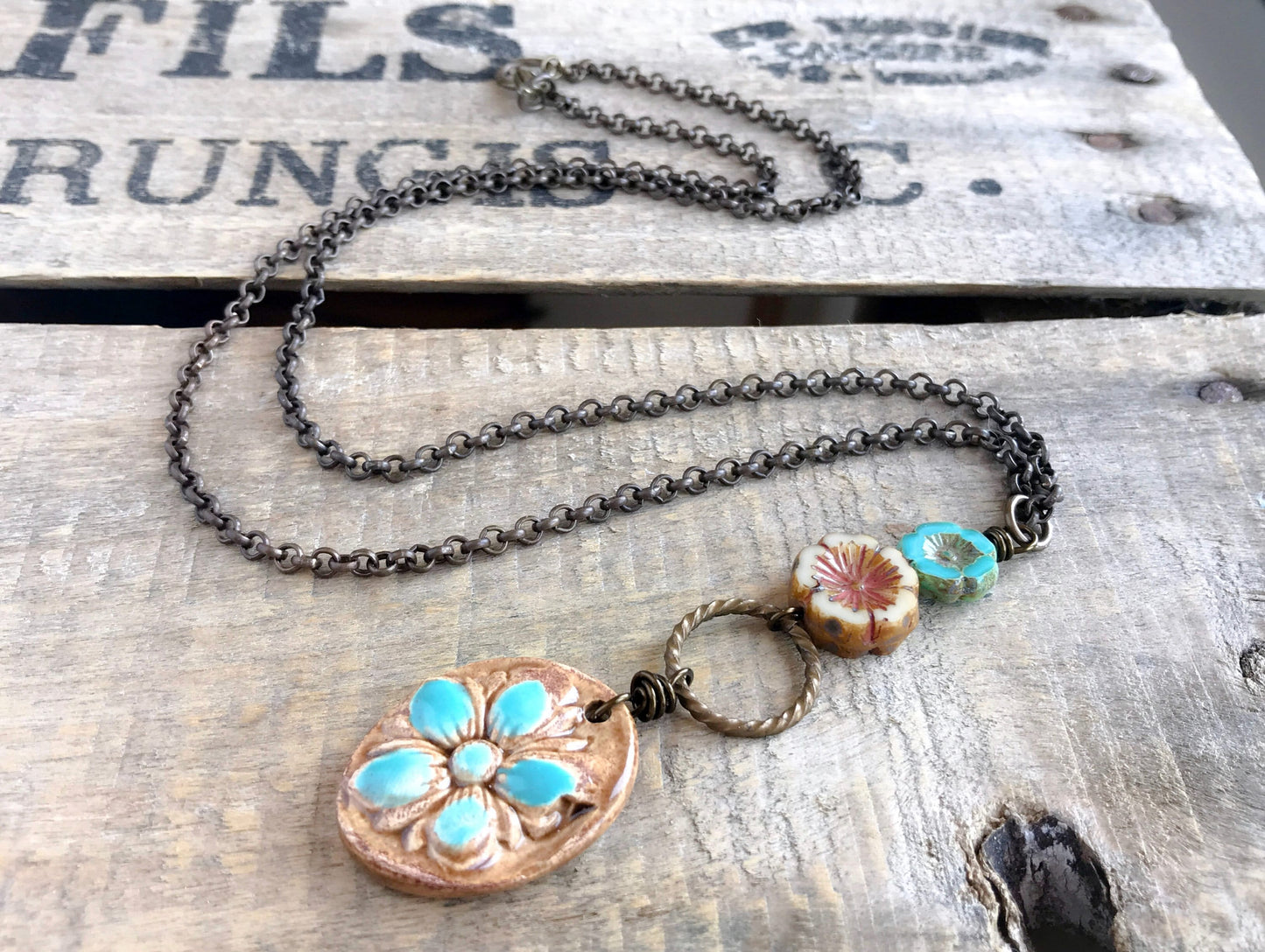 Rustic Ceramic Hibiscus Flower Necklace - Handcrafted Pendant on Long Brass Chain. Unique & Stylish Summer Accessory