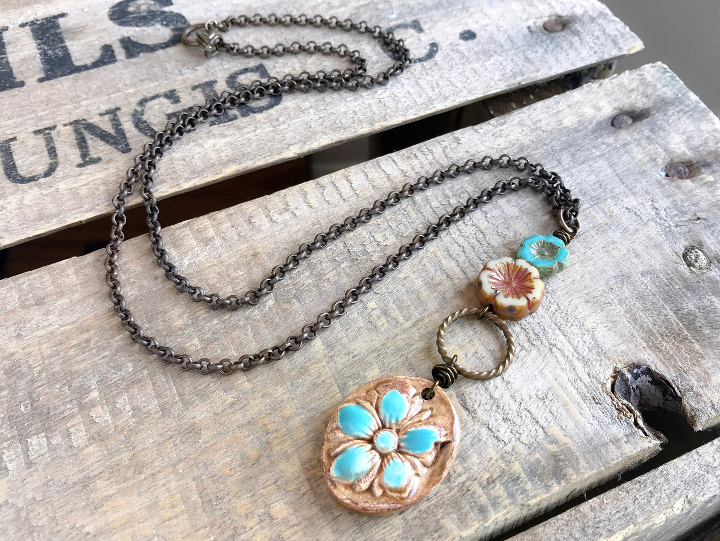 Rustic Ceramic Hibiscus Flower Necklace - Handcrafted Pendant on Long Brass Chain. Unique & Stylish Summer Accessory