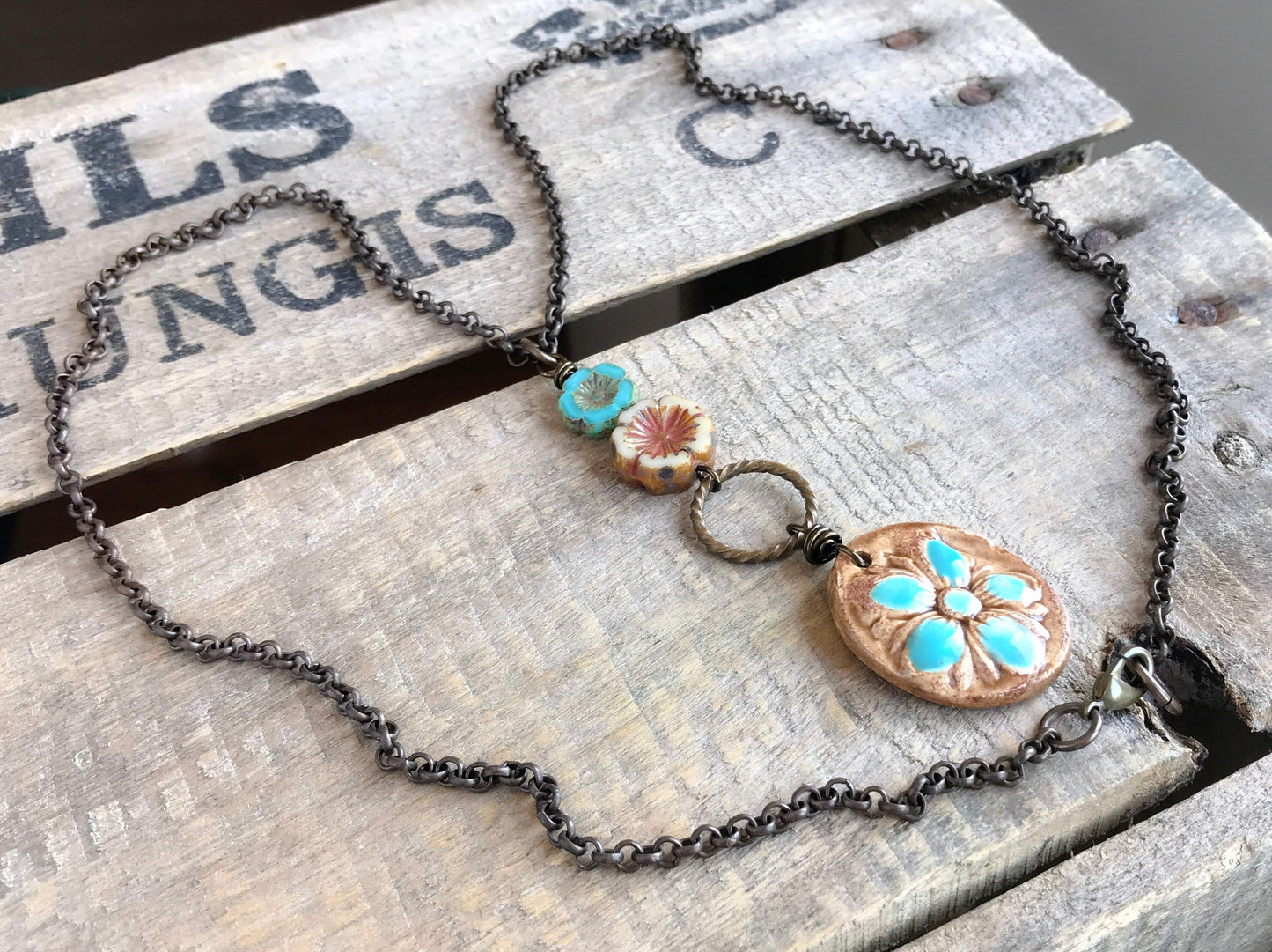 Rustic Ceramic Hibiscus Flower Necklace - Handcrafted Pendant on Long Brass Chain. Unique & Stylish Summer Accessory