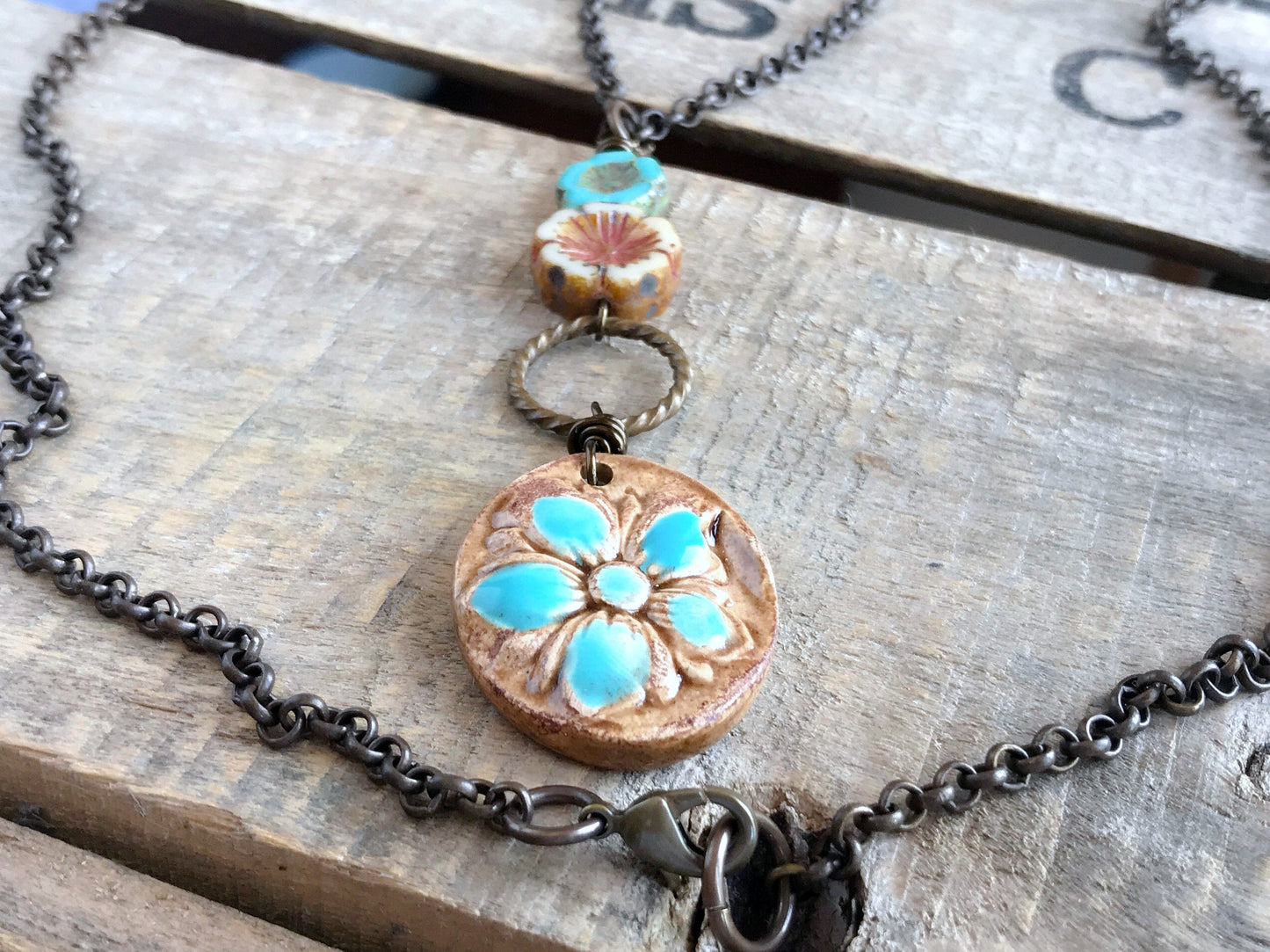 Rustic Ceramic Hibiscus Flower Necklace - Handcrafted Pendant on Long Brass Chain. Unique & Stylish Summer Accessory