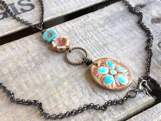 Rustic Ceramic Hibiscus Flower Necklace - Handcrafted Pendant on Long Brass Chain. Unique & Stylish Summer Accessory