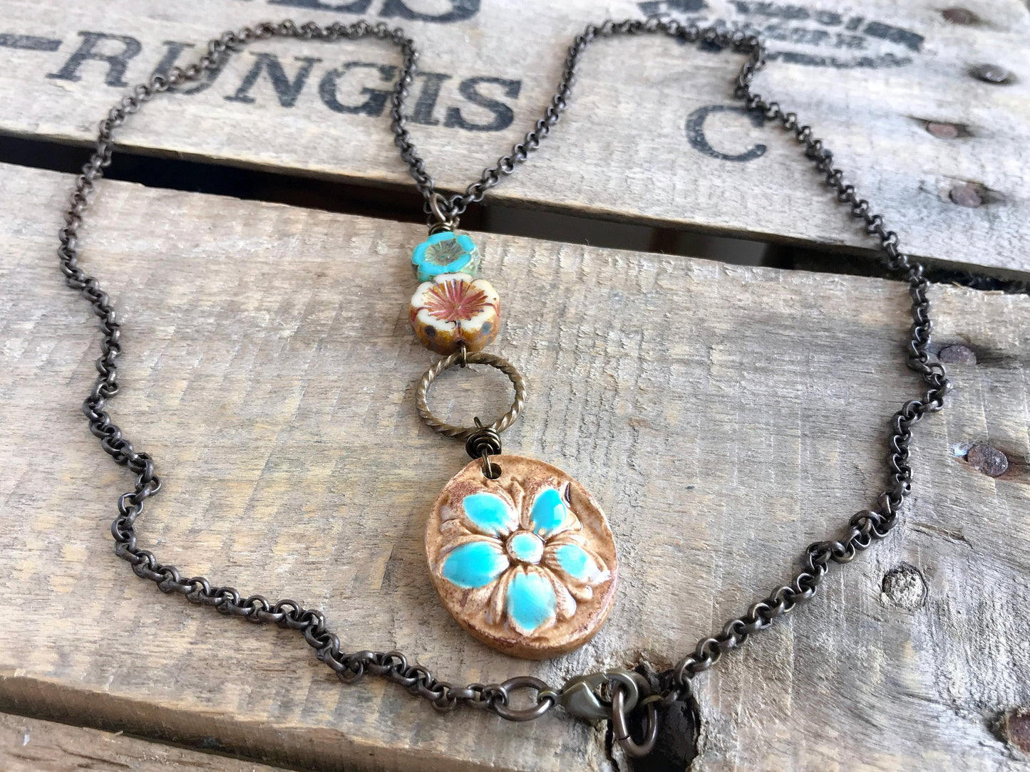 Rustic Ceramic Hibiscus Flower Necklace - Handcrafted Pendant on Long Brass Chain. Unique & Stylish Summer Accessory