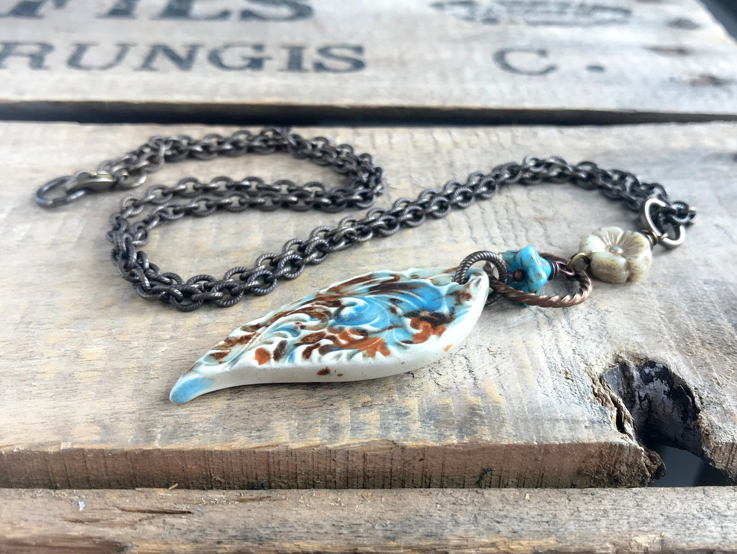 Handcrafted Ceramic Teardrop Pendant - Rustic Blue Cream & Brown Necklace - Unique Brass Chain Jewellery