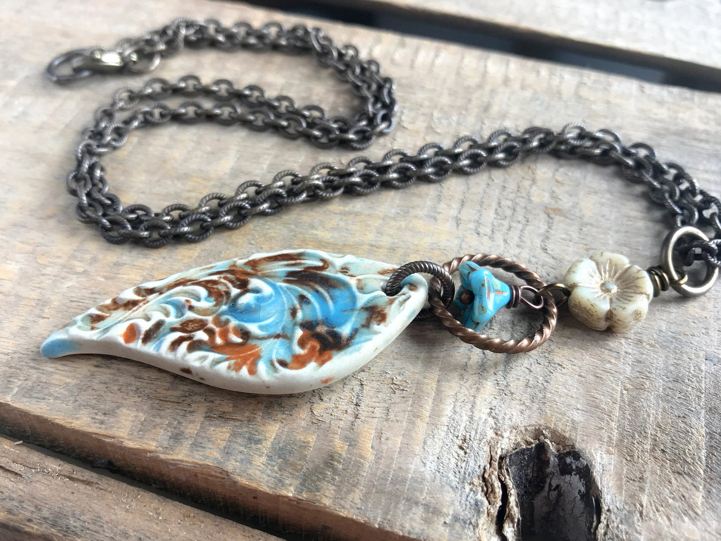 Handcrafted Ceramic Teardrop Pendant - Rustic Blue Cream & Brown Necklace - Unique Brass Chain Jewellery