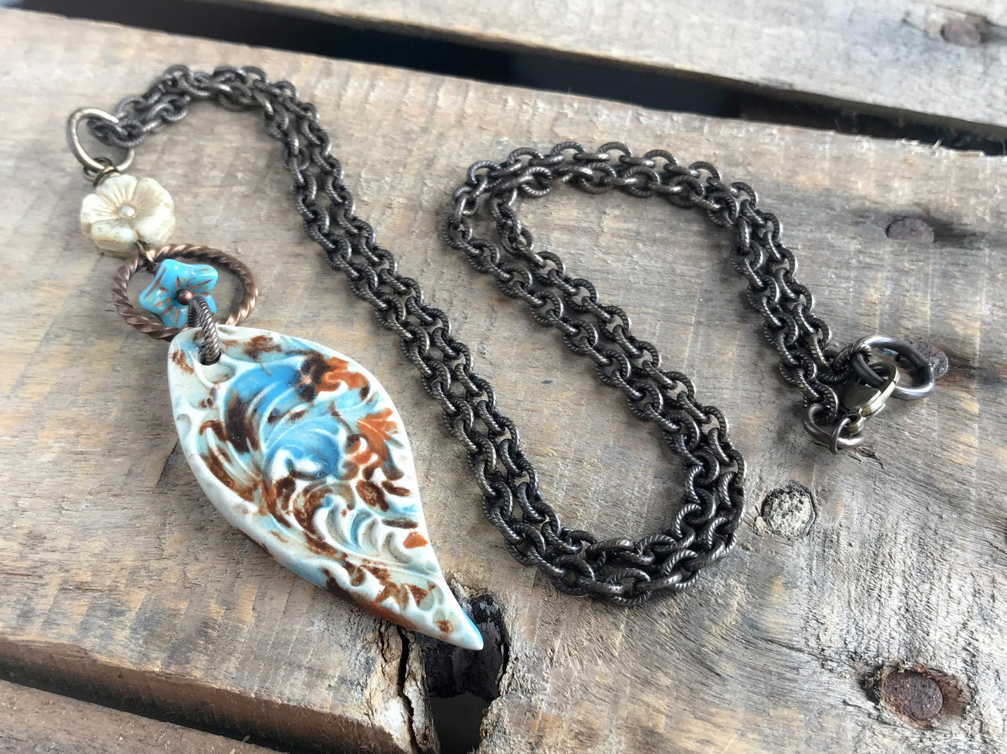 Handcrafted Ceramic Teardrop Pendant - Rustic Blue Cream & Brown Necklace - Unique Brass Chain Jewellery