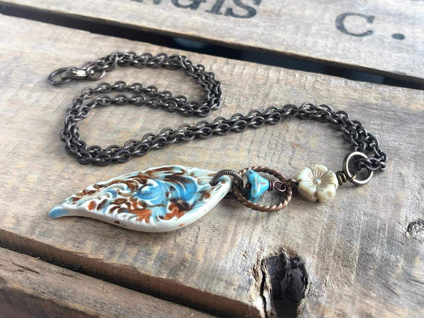 Handcrafted Ceramic Teardrop Pendant - Rustic Blue Cream & Brown Necklace - Unique Brass Chain Jewellery