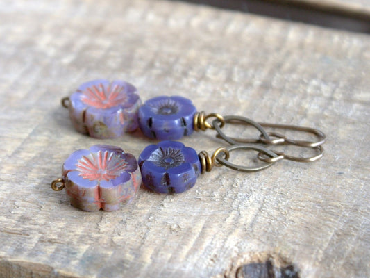 Handmade Purple Czech Glass Flower Earrings - Lavender Pansy, Bohemian Style Jewellery