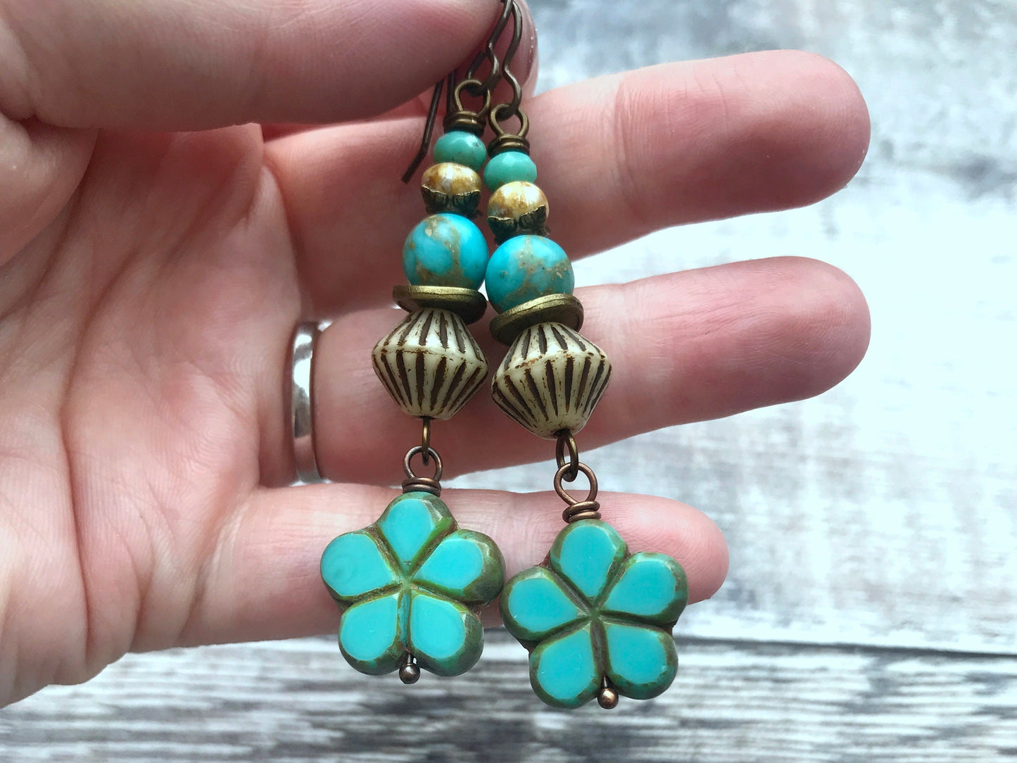 Aqua Czech Glass Flower Earrings - Colourful Boho Jewellery for Summer