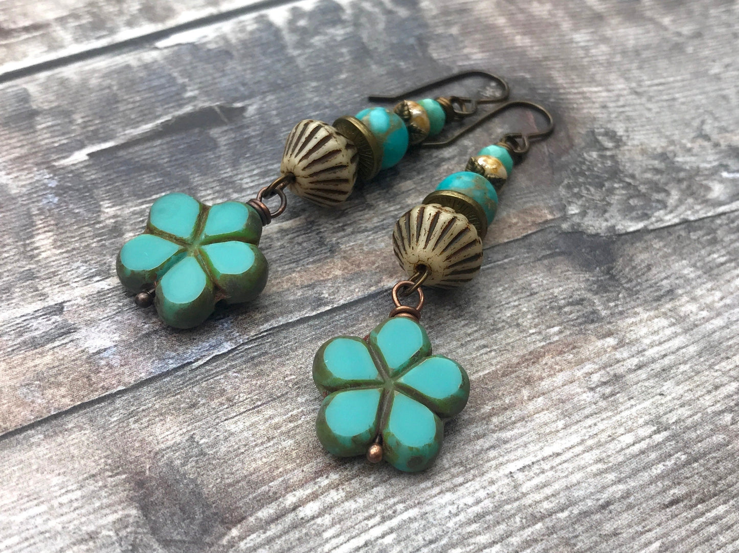 Aqua Czech Glass Flower Earrings - Colourful Boho Jewellery for Summer