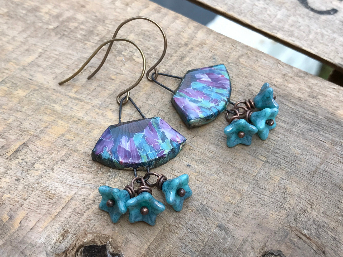 Handcrafted Ceramic Fan Earrings - Bold & Colourful Pottery Jewellery, Czech Glass Flower Clusters