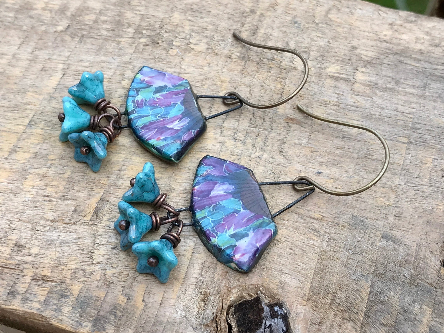 Handcrafted Ceramic Fan Earrings - Bold & Colourful Pottery Jewellery, Czech Glass Flower Clusters