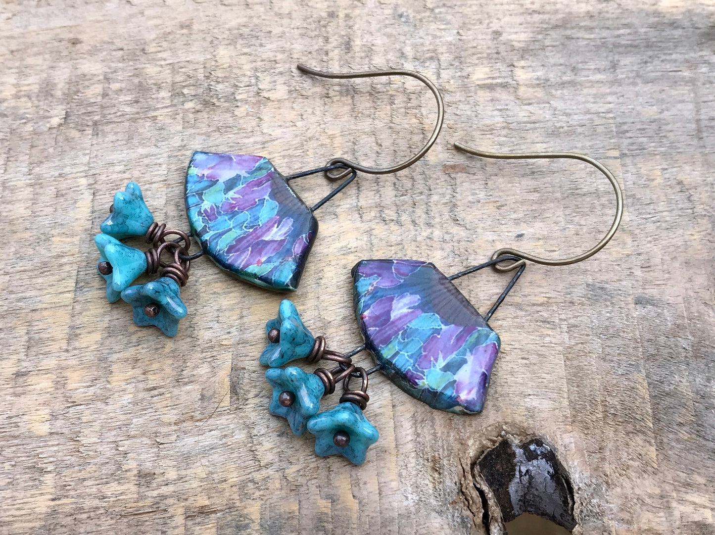 Handcrafted Ceramic Fan Earrings - Bold & Colourful Pottery Jewellery, Czech Glass Flower Clusters