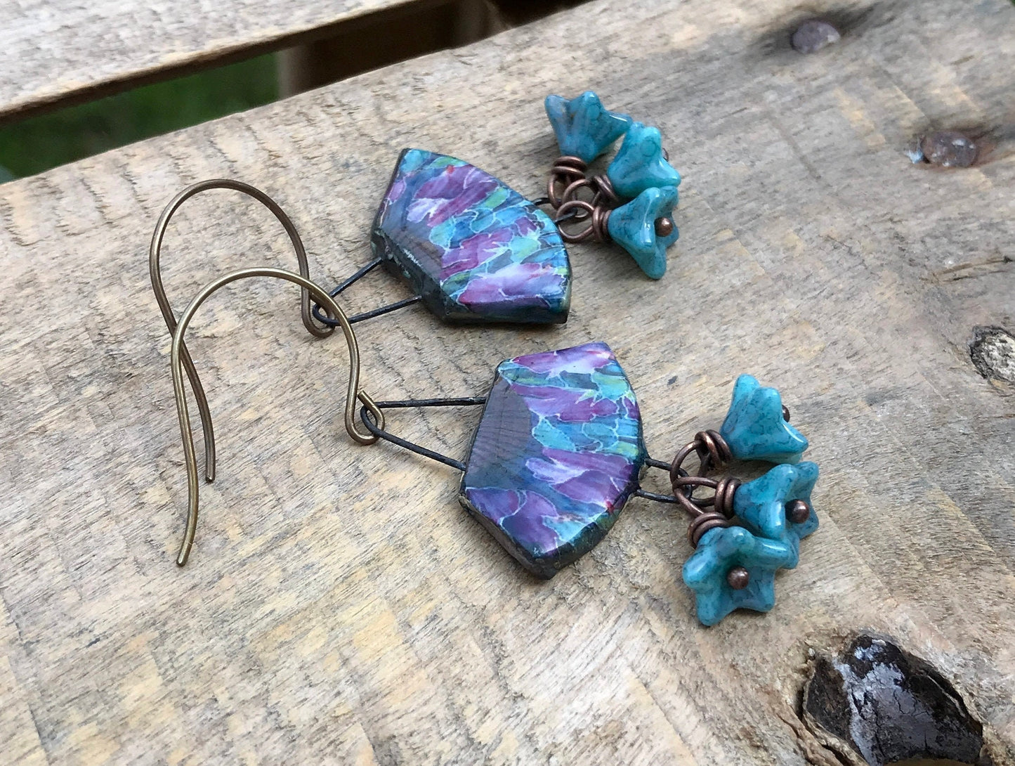 Handcrafted Ceramic Fan Earrings - Bold & Colourful Pottery Jewellery, Czech Glass Flower Clusters