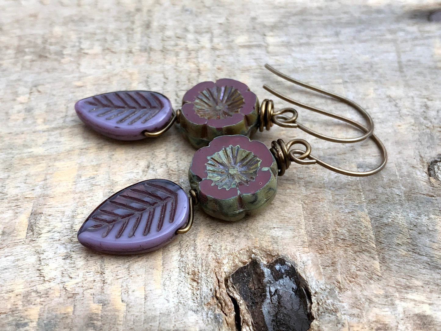 Rustic Purple Leaf Earrings. Marsala Red Czech Glass Flower Earrings. Earthy Bohemian Earrings. Nature Lover Gift