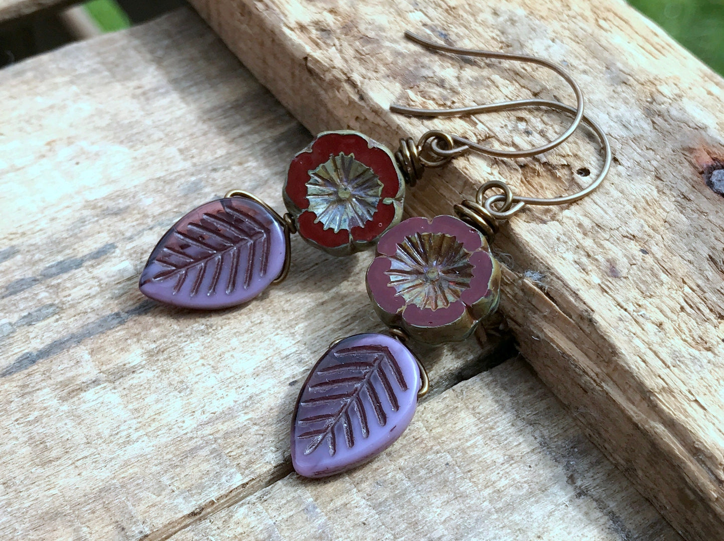 Rustic Purple Leaf Earrings. Marsala Red Czech Glass Flower Earrings. Earthy Bohemian Earrings. Nature Lover Gift