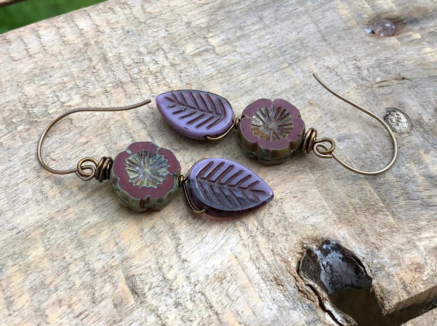 Rustic Purple Leaf Earrings. Marsala Red Czech Glass Flower Earrings. Earthy Bohemian Earrings. Nature Lover Gift