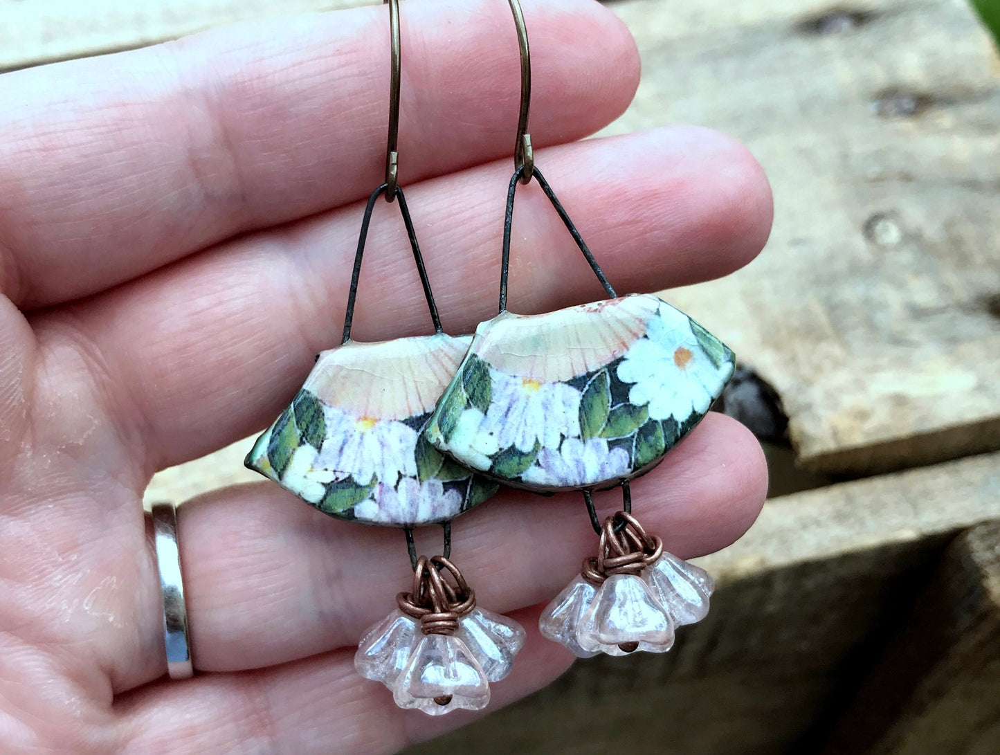 Handmade Vintage Style Ceramic Fan Earrings, Floral Cluster Jewellery, Feminine Accessories