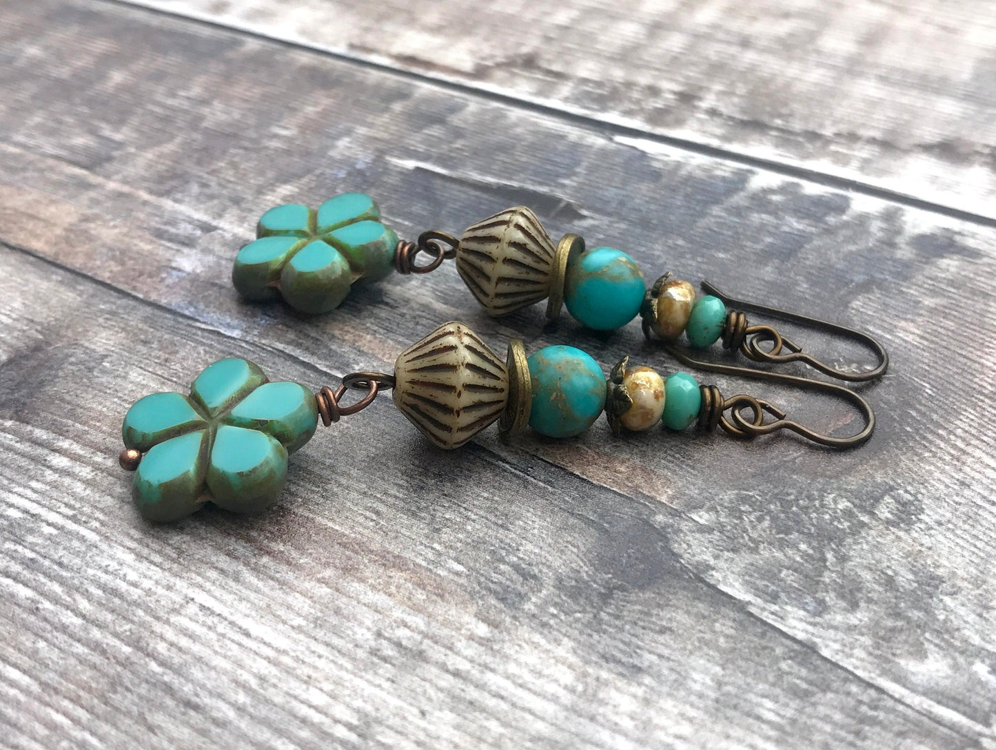 Aqua Czech Glass Flower Earrings - Colourful Boho Jewellery for Summer