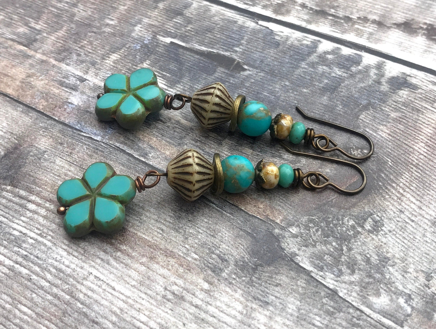 Aqua Czech Glass Flower Earrings - Colourful Boho Jewellery for Summer