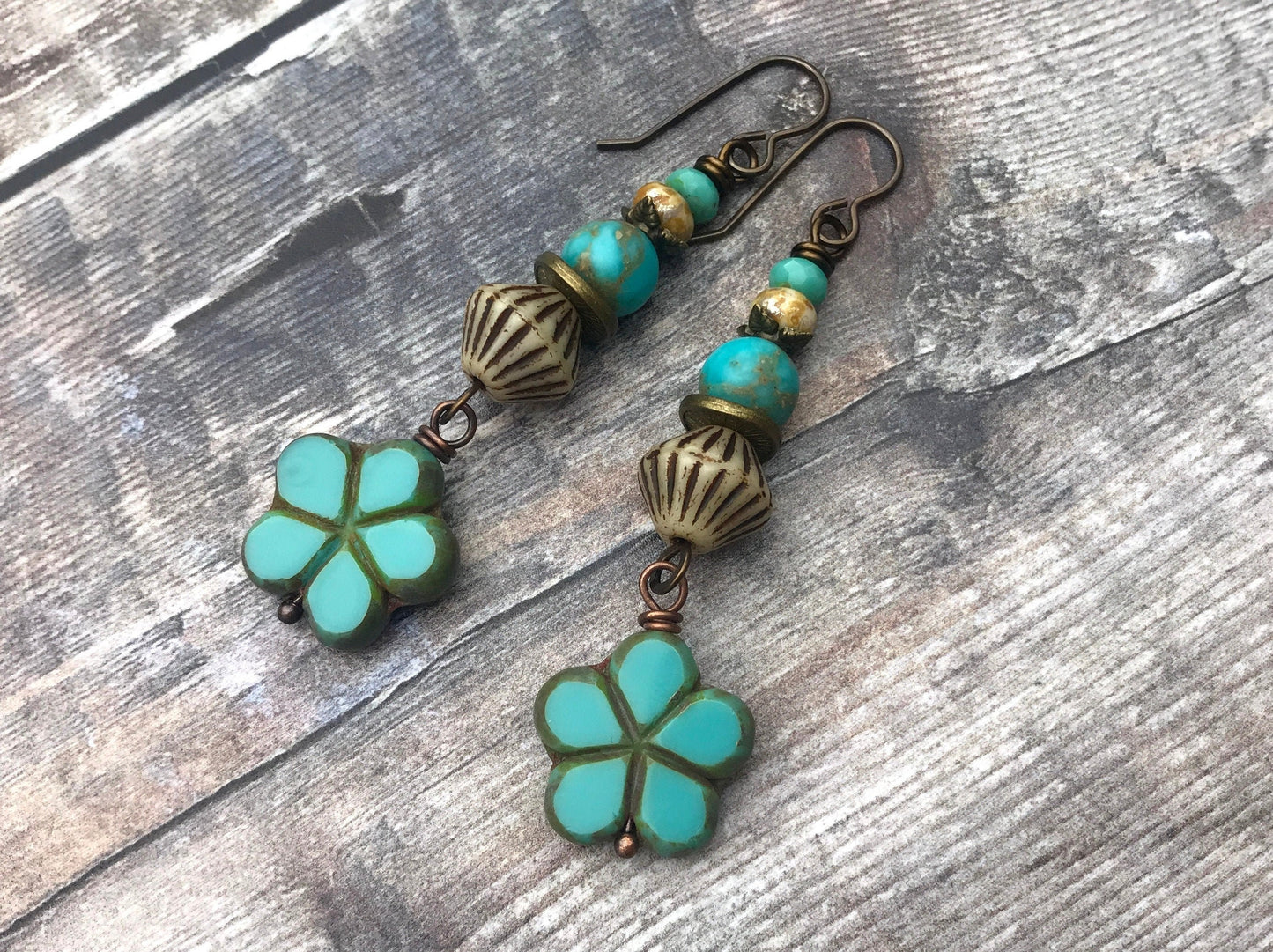 Aqua Czech Glass Flower Earrings - Colourful Boho Jewellery for Summer