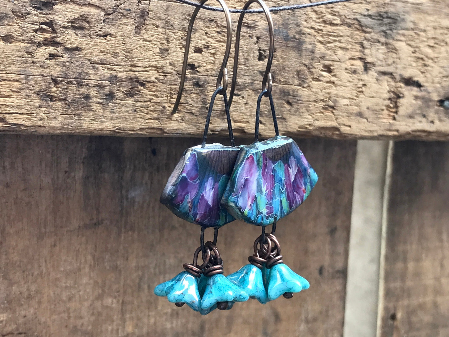 Handcrafted Ceramic Fan Earrings - Bold & Colourful Pottery Jewellery, Czech Glass Flower Clusters