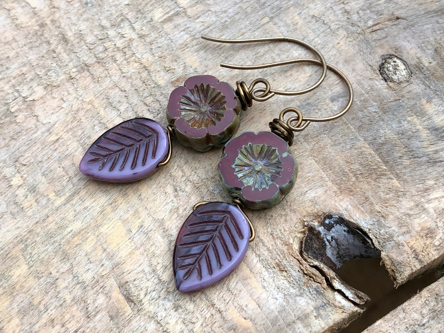 Rustic Purple Leaf Earrings. Marsala Red Czech Glass Flower Earrings. Earthy Bohemian Earrings. Nature Lover Gift