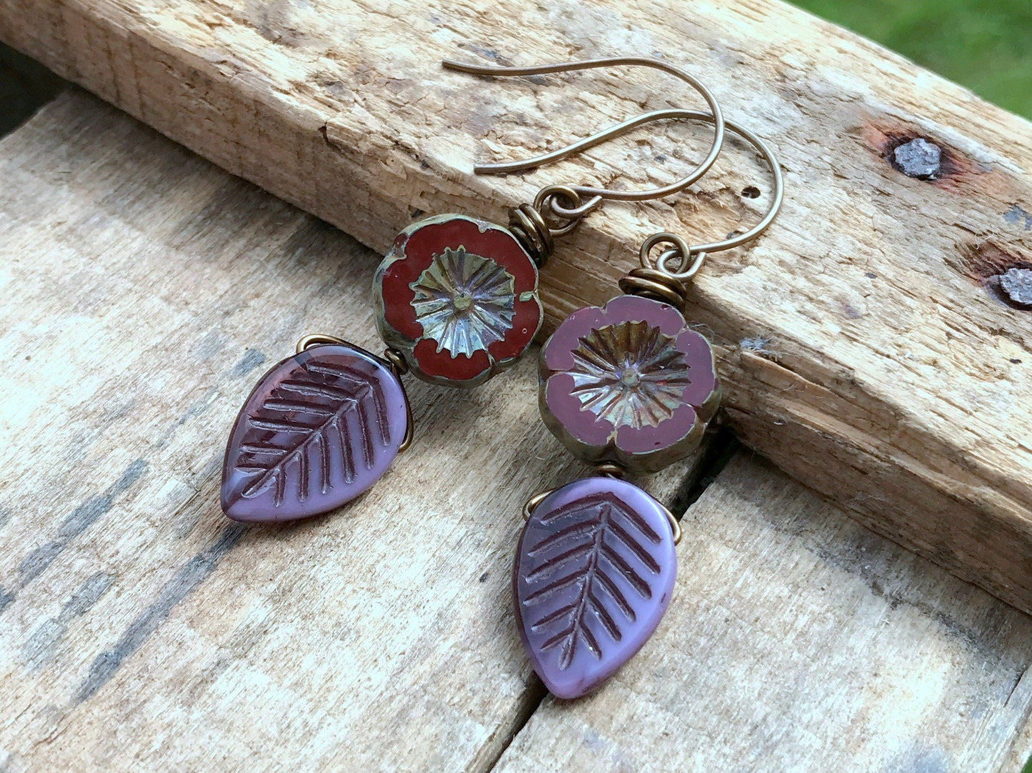 Rustic Purple Leaf Earrings. Marsala Red Czech Glass Flower Earrings. Earthy Bohemian Earrings. Nature Lover Gift