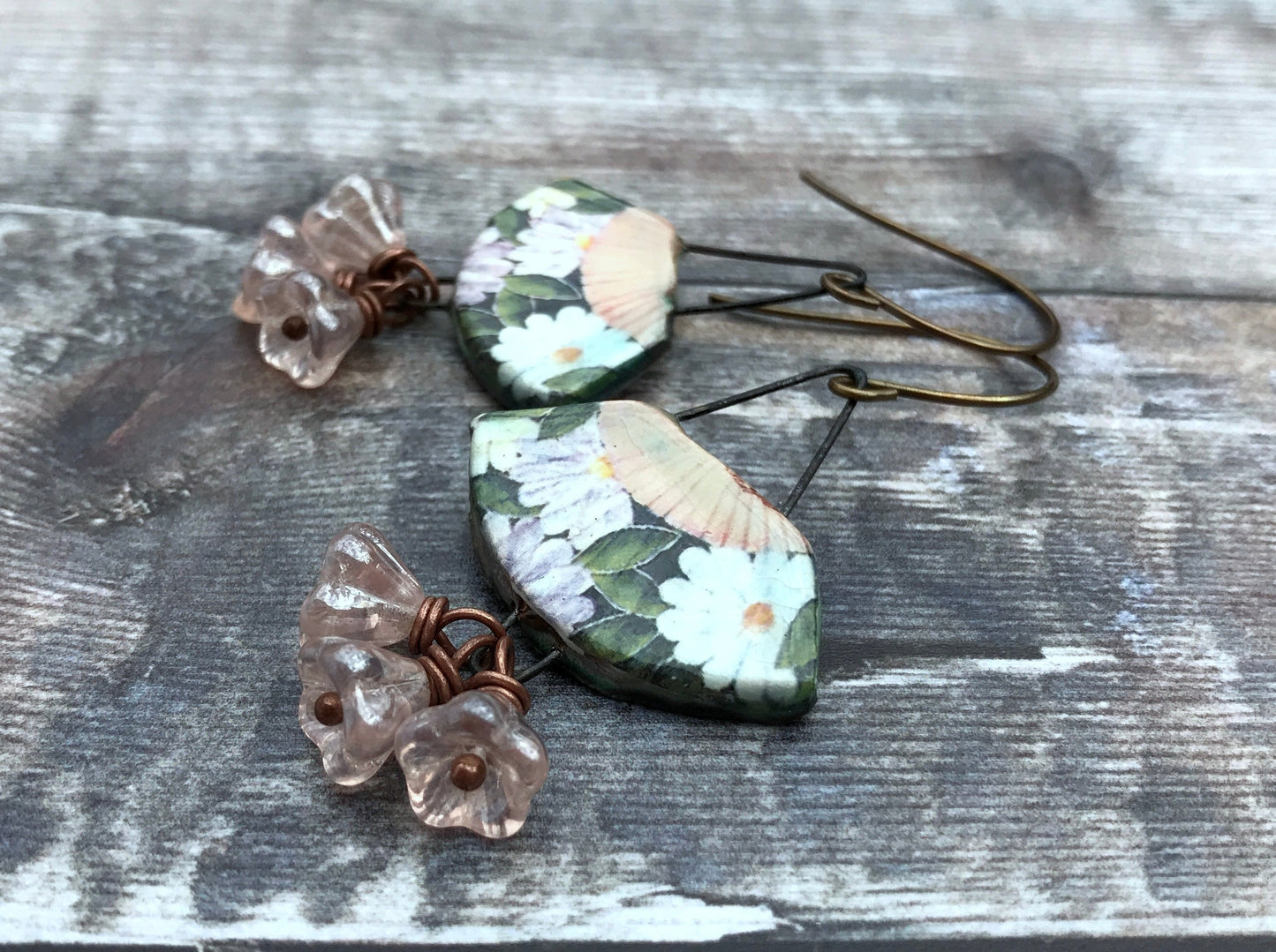 Handmade Vintage Style Ceramic Fan Earrings, Floral Cluster Jewellery, Feminine Accessories