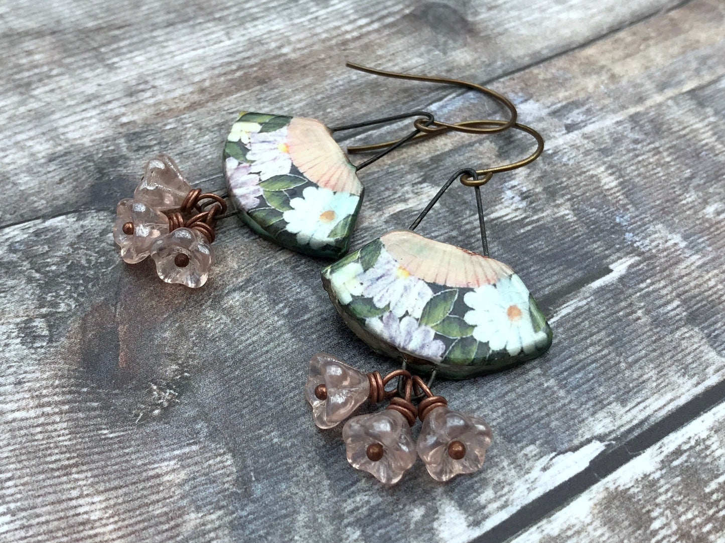 Handmade Vintage Style Ceramic Fan Earrings, Floral Cluster Jewellery, Feminine Accessories