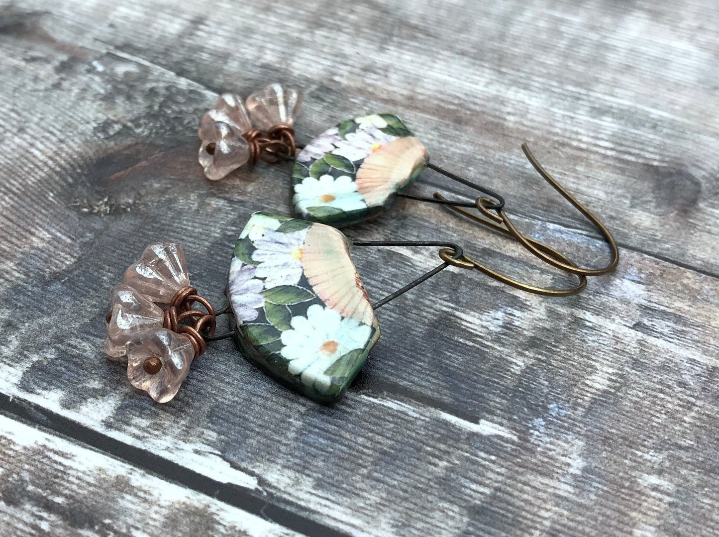 Handmade Vintage Style Ceramic Fan Earrings, Floral Cluster Jewellery, Feminine Accessories