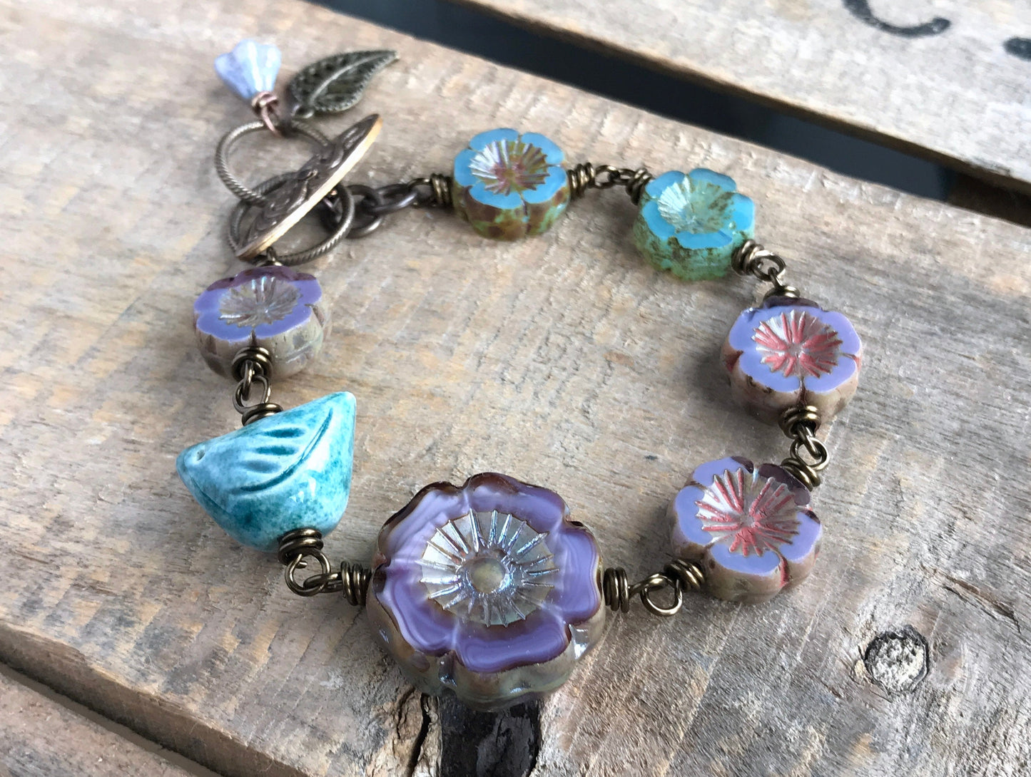 Artisan Ceramic Bird Bracelet with Czech Glass - Wire Wrapped Flower Design - Floral Whimsical Jewellery