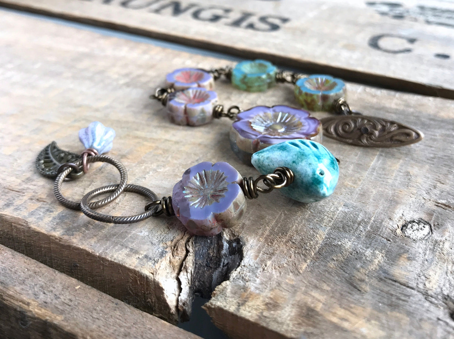 Artisan Ceramic Bird Bracelet with Czech Glass - Wire Wrapped Flower Design - Floral Whimsical Jewellery