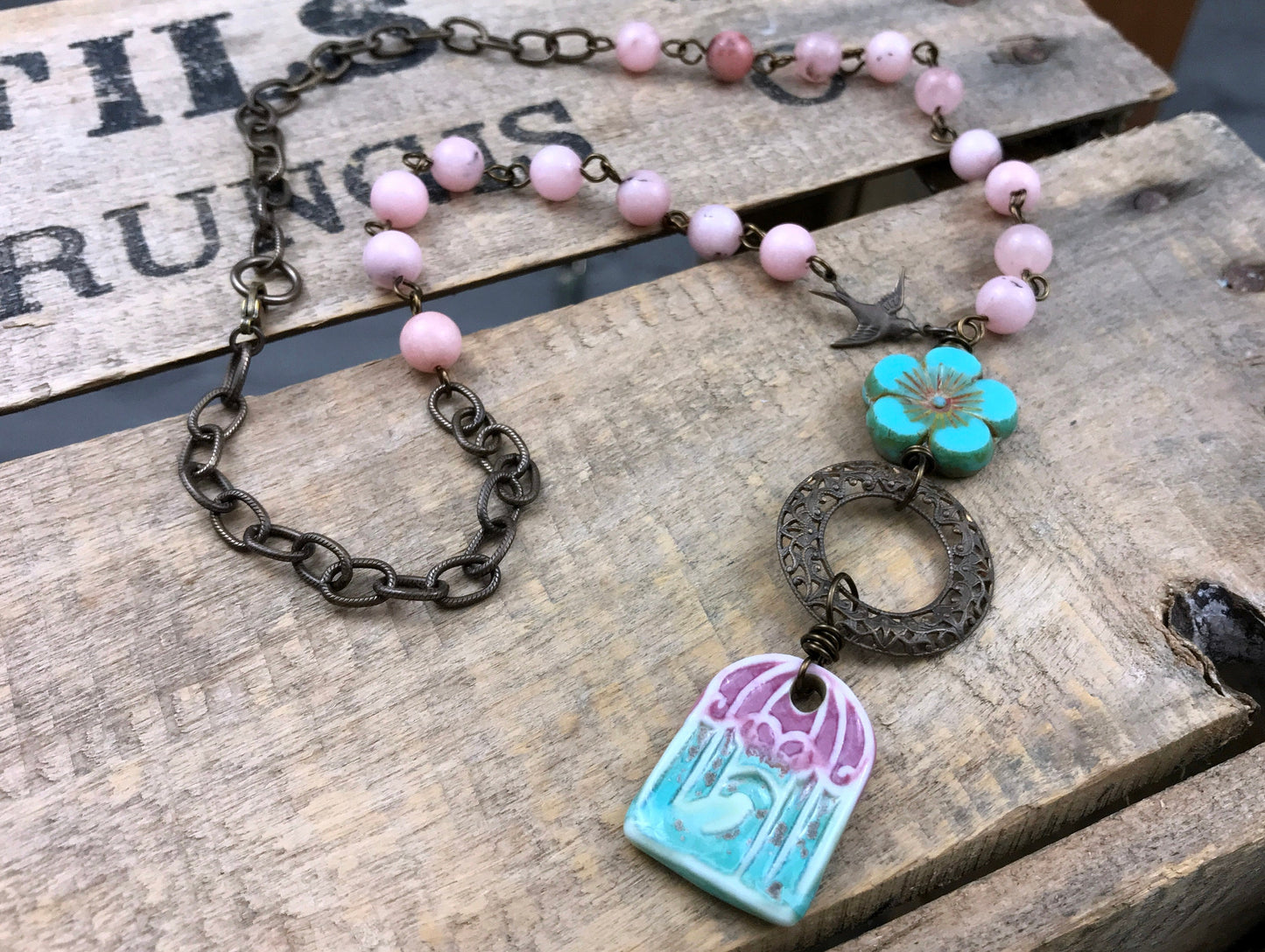 Whimsical Ceramic Birdhouse Necklace - Pink & Turquoise Handmade Jewellery