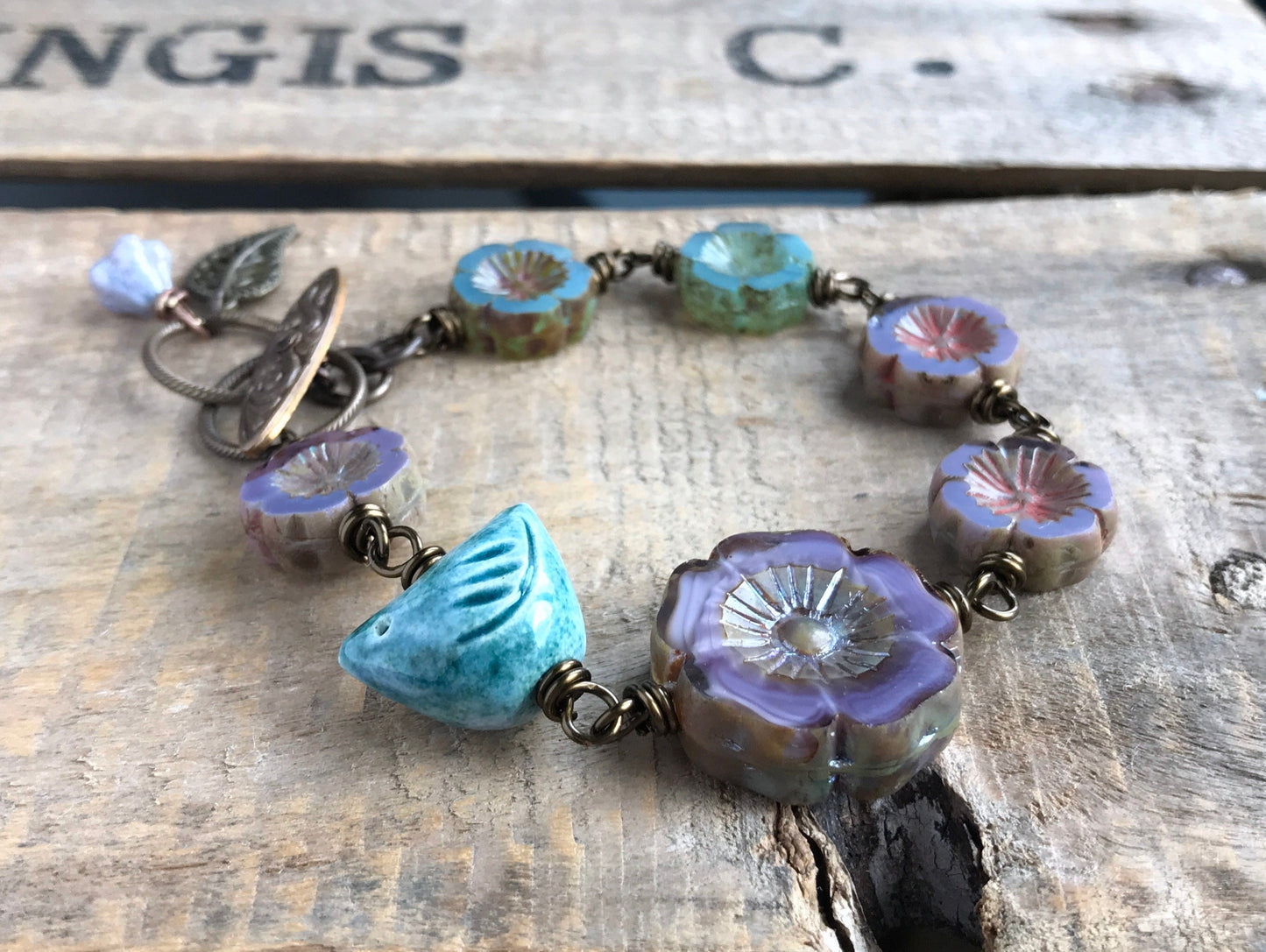 Artisan Ceramic Bird Bracelet with Czech Glass - Wire Wrapped Flower Design - Floral Whimsical Jewellery