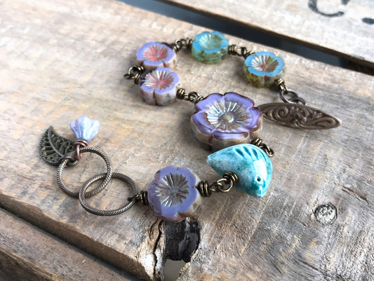 Artisan Ceramic Bird Bracelet with Czech Glass - Wire Wrapped Flower Design - Floral Whimsical Jewellery