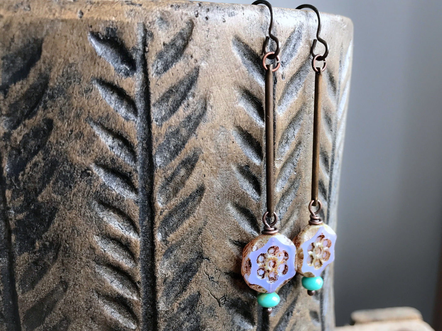 Czech Glass Daisy Bead Earrings - Purple, Aqua, Brass - Spring Boho Style