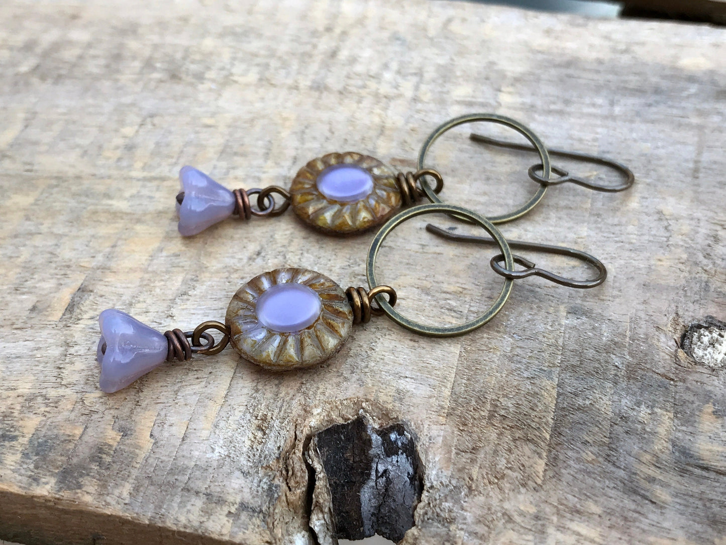 Pretty Lilac Czech Glass Earrings - Bohemian Style Sunflower Drops. Handmade Spring Designs