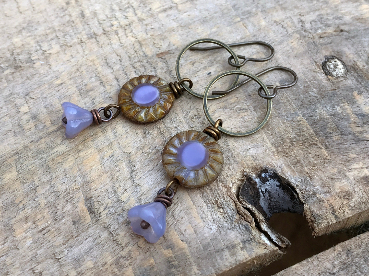 Pretty Lilac Czech Glass Earrings - Bohemian Style Sunflower Drops. Handmade Spring Designs