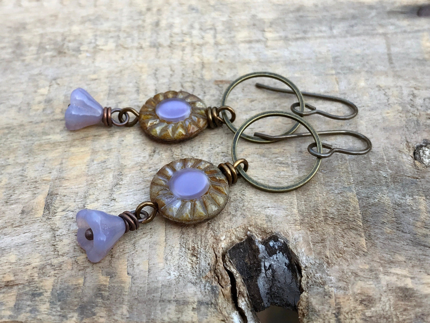 Pretty Lilac Czech Glass Earrings - Bohemian Style Sunflower Drops. Handmade Spring Designs