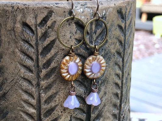 Pretty Lilac Czech Glass Earrings - Bohemian Style Sunflower Drops. Handmade Spring Designs